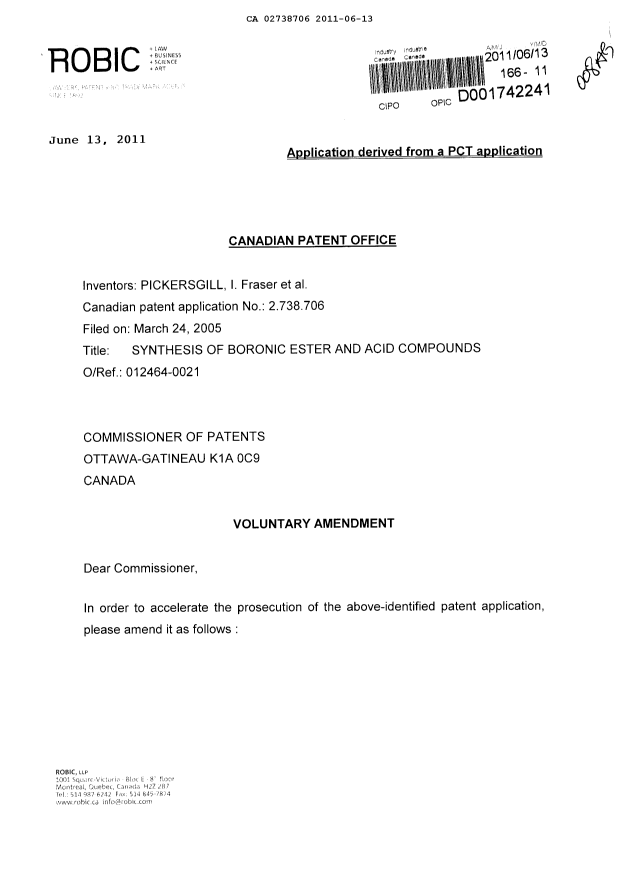 Document de brevet canadien 2738706. Poursuite-Amendment 20110613. Image 1 de 4