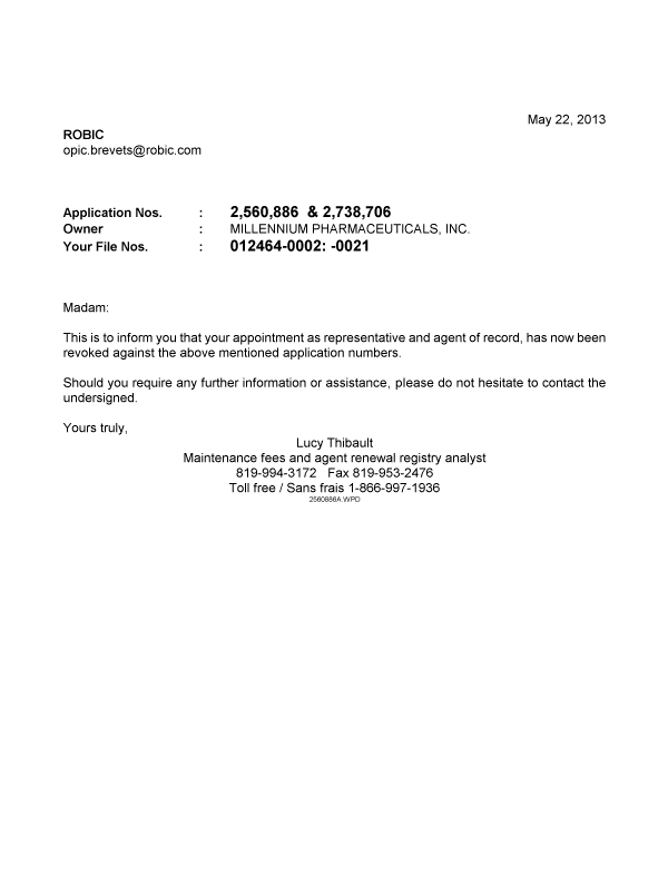 Document de brevet canadien 2738706. Correspondance 20130522. Image 1 de 1