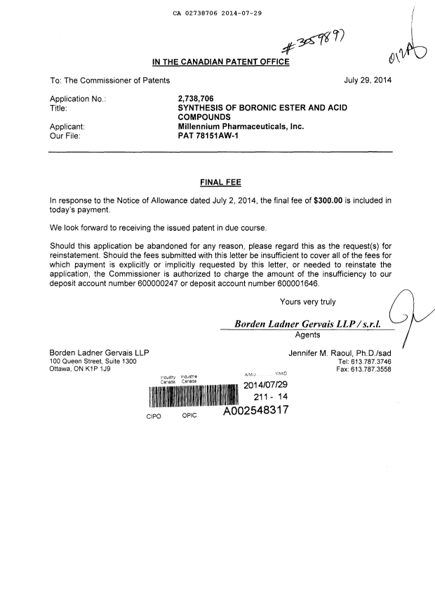 Document de brevet canadien 2738706. Correspondance 20140729. Image 1 de 1