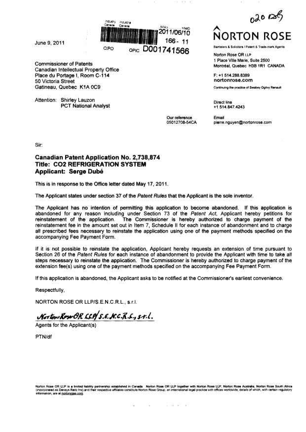 Document de brevet canadien 2738874. Correspondance 20101210. Image 1 de 1