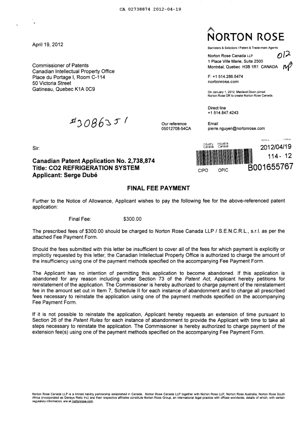 Canadian Patent Document 2738874. Correspondence 20111219. Image 1 of 2
