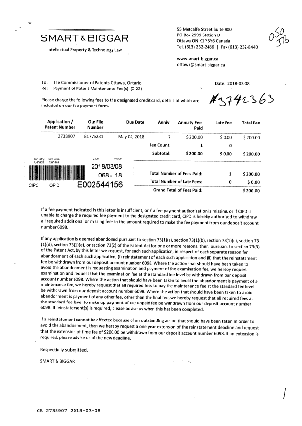 Document de brevet canadien 2738907. Paiement de taxe périodique 20180308. Image 1 de 1