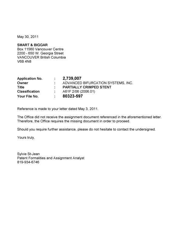 Canadian Patent Document 2739007. Correspondence 20110530. Image 1 of 1