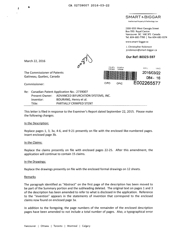 Canadian Patent Document 2739007. Amendment 20160322. Image 1 of 41