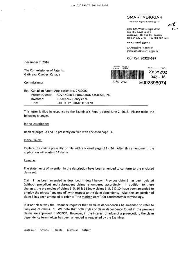 Document de brevet canadien 2739007. Modification 20161202. Image 1 de 8
