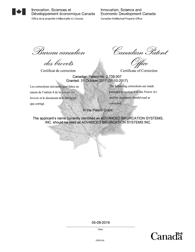 Canadian Patent Document 2739007. Acknowledgement of Section 8 Correction 20190905. Image 2 of 2