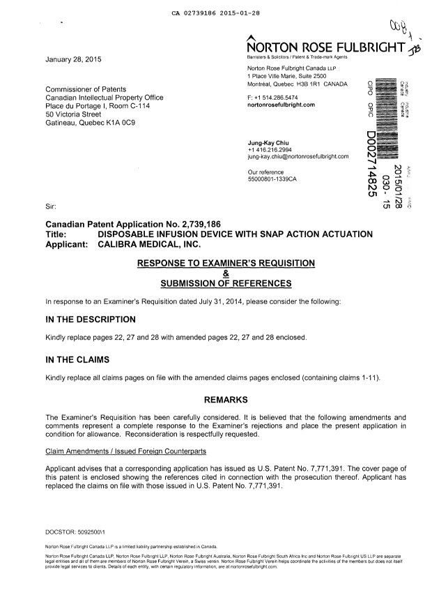 Canadian Patent Document 2739186. Prosecution-Amendment 20150128. Image 1 of 9