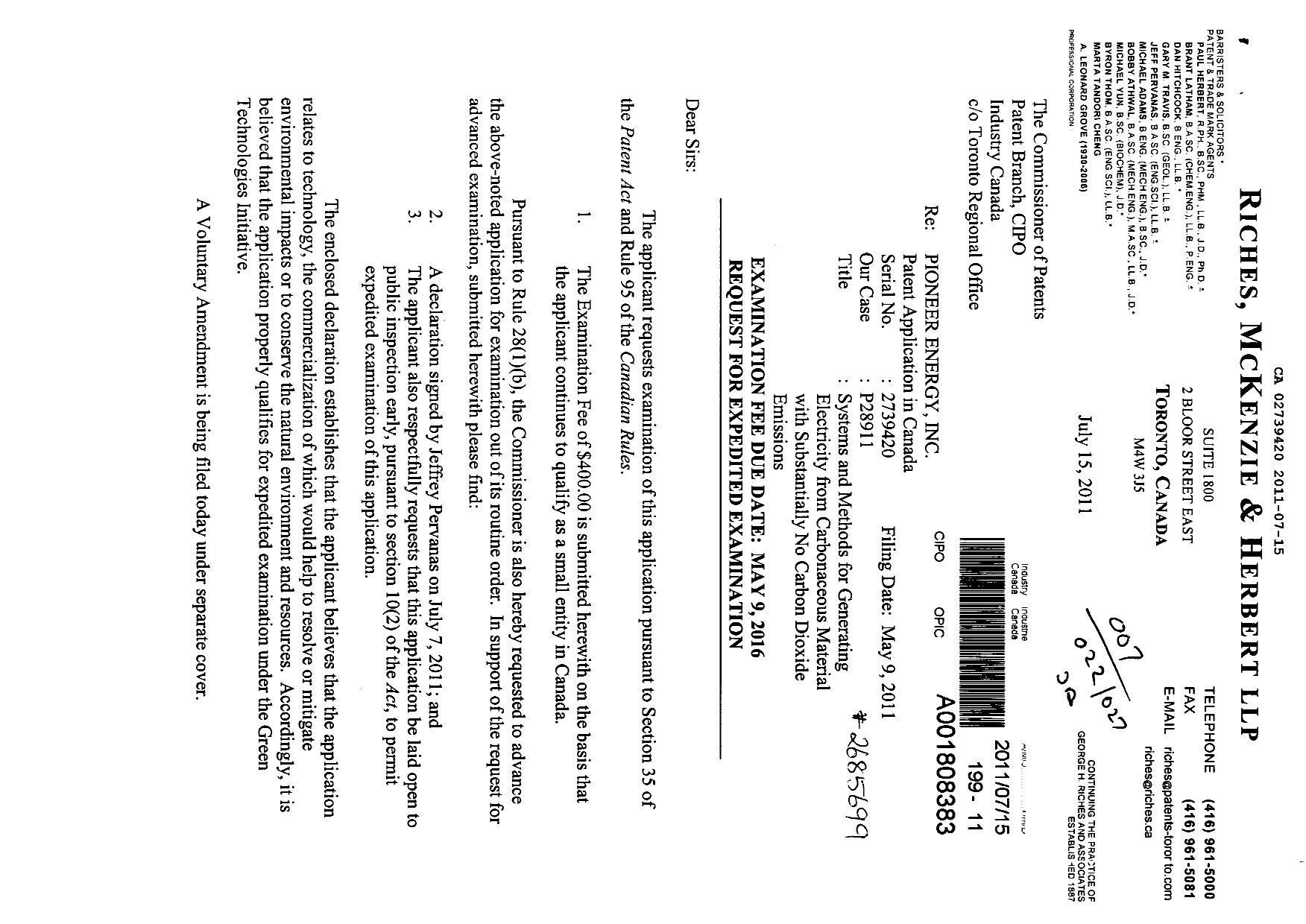Canadian Patent Document 2739420. Prosecution-Amendment 20110715. Image 1 of 2