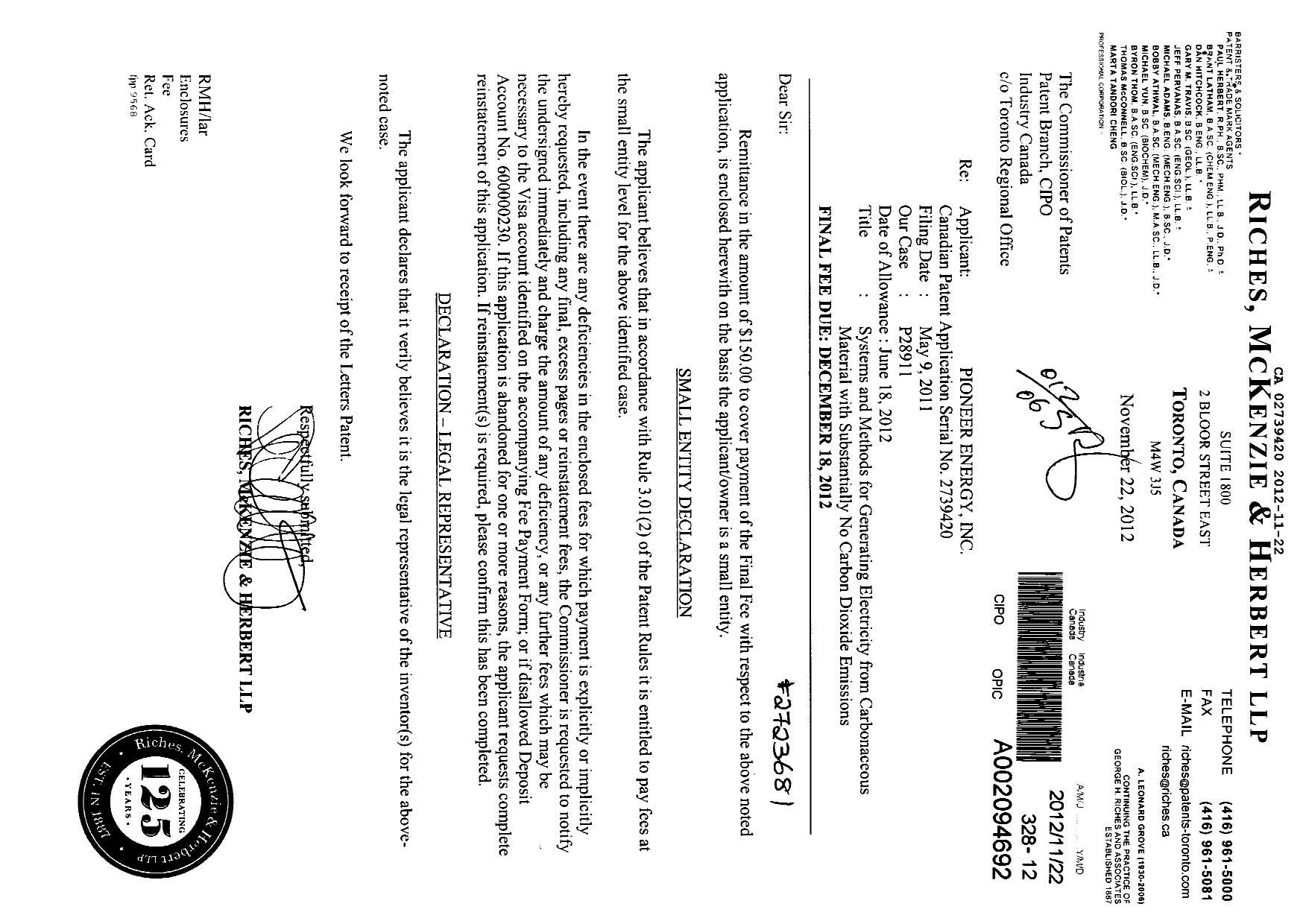 Document de brevet canadien 2739420. Correspondance 20111222. Image 1 de 1