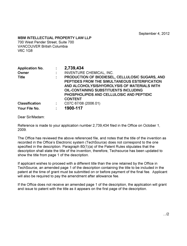 Document de brevet canadien 2739434. Correspondance 20111204. Image 1 de 2