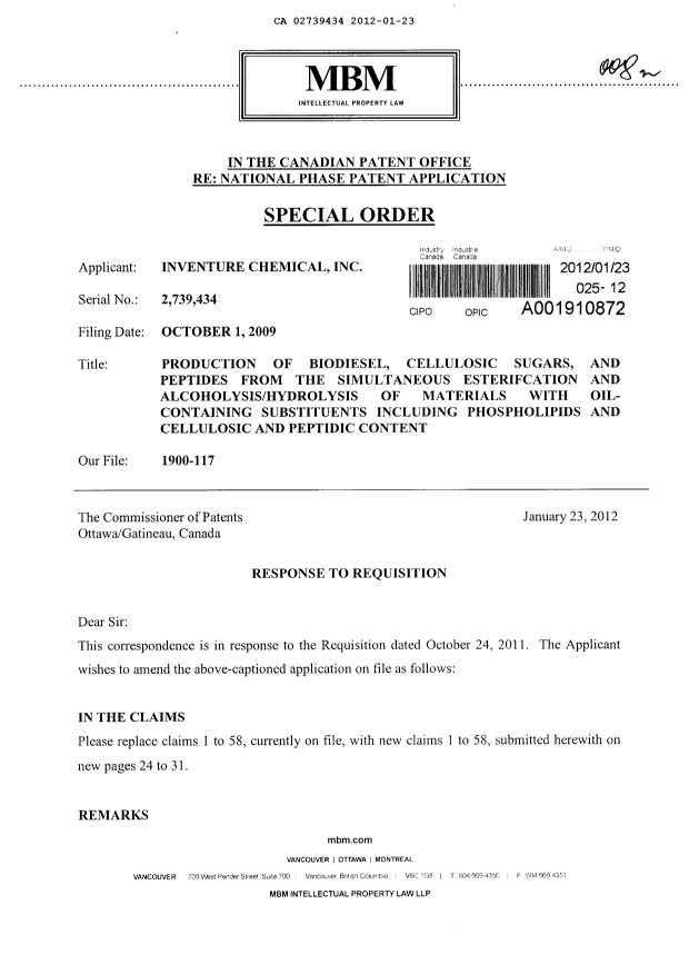 Document de brevet canadien 2739434. Poursuite-Amendment 20120123. Image 1 de 14