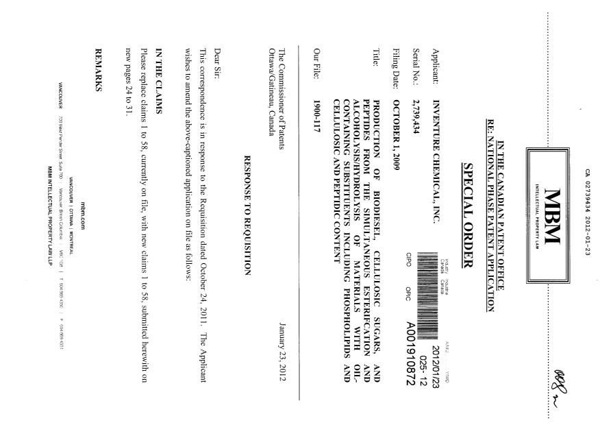 Document de brevet canadien 2739434. Poursuite-Amendment 20120123. Image 1 de 14