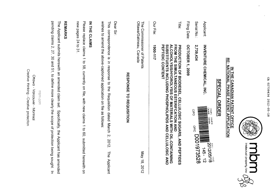 Document de brevet canadien 2739434. Poursuite-Amendment 20120518. Image 1 de 11