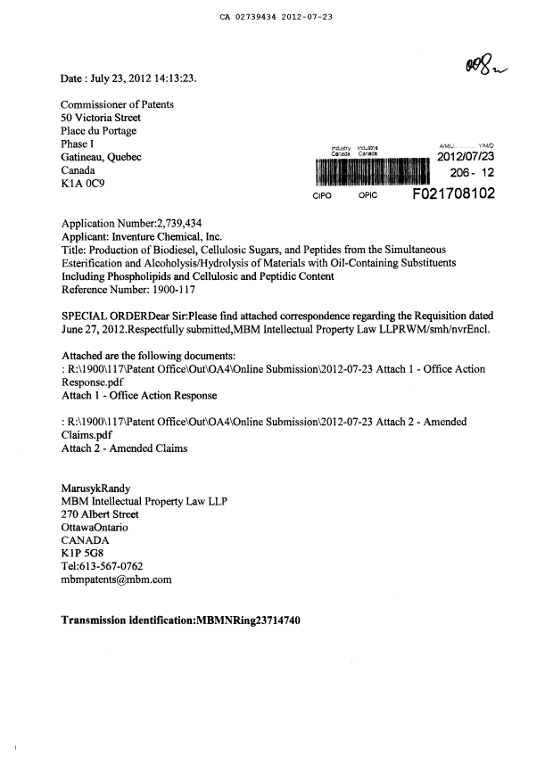 Document de brevet canadien 2739434. Poursuite-Amendment 20120723. Image 1 de 12
