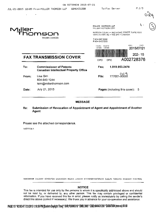 Canadian Patent Document 2739434. Correspondence 20141221. Image 1 of 5