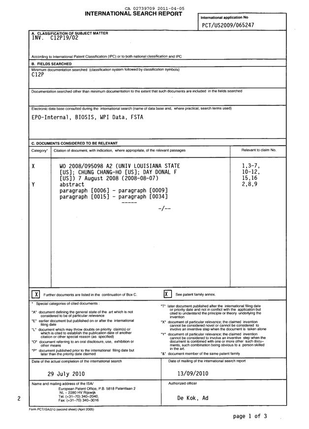 Document de brevet canadien 2739709. PCT 20101205. Image 1 de 6