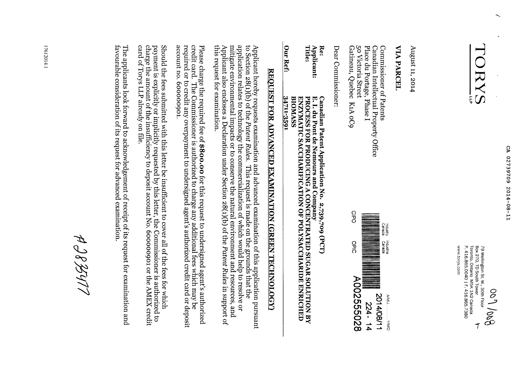 Canadian Patent Document 2739709. Prosecution-Amendment 20131211. Image 1 of 3