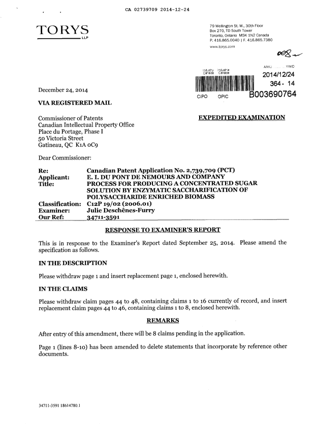 Canadian Patent Document 2739709. Prosecution-Amendment 20131224. Image 1 of 9
