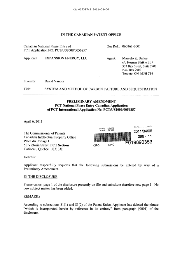 Canadian Patent Document 2739743. Prosecution-Amendment 20101206. Image 1 of 3