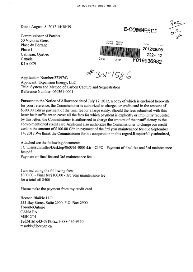 Canadian Patent Document 2739743. Correspondence 20111208. Image 1 of 4