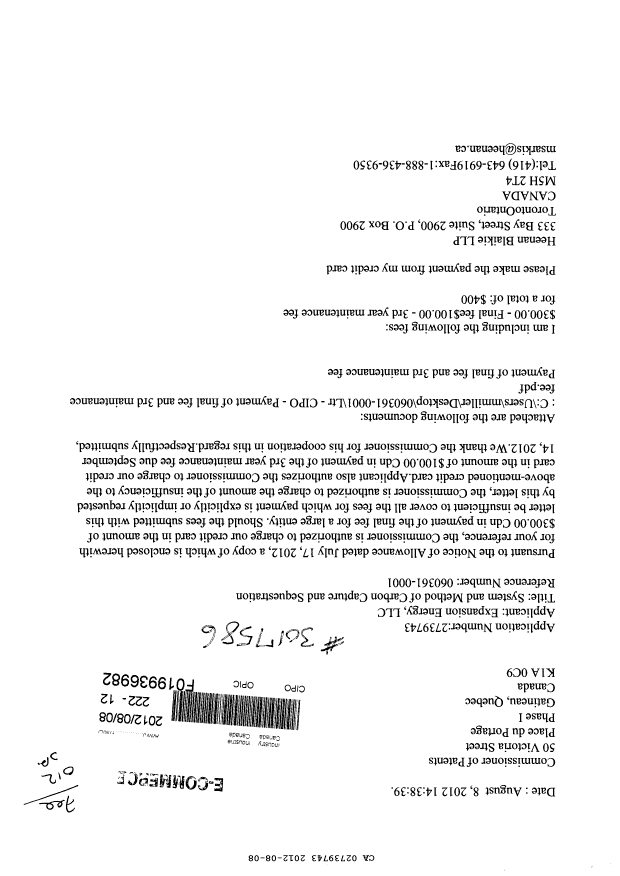 Document de brevet canadien 2739743. Taxes 20111208. Image 1 de 4