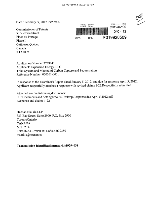 Canadian Patent Document 2739743. Prosecution-Amendment 20111209. Image 1 of 9