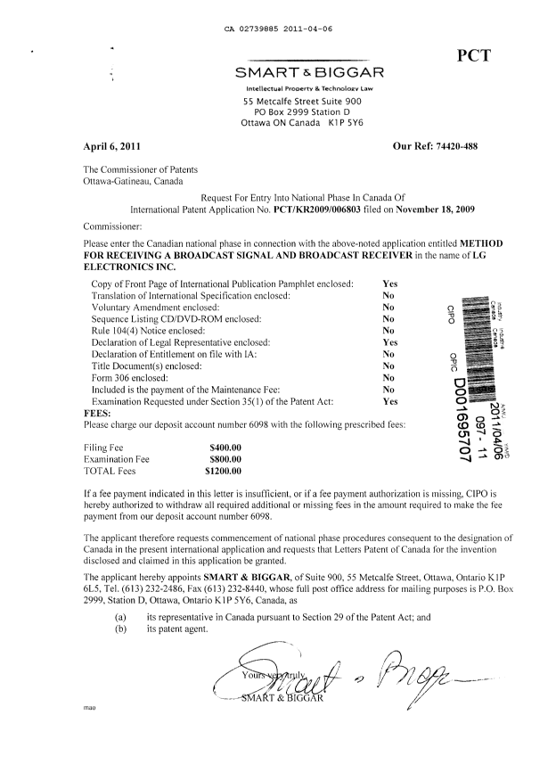 Document de brevet canadien 2739885. Cession 20110406. Image 1 de 2