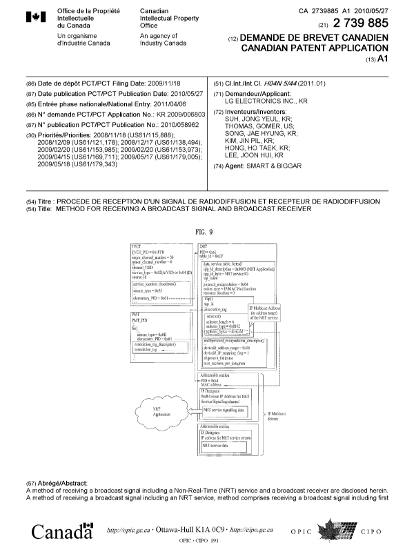 Document de brevet canadien 2739885. Page couverture 20110608. Image 1 de 2