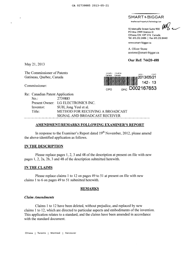 Document de brevet canadien 2739885. Poursuite-Amendment 20130521. Image 1 de 12