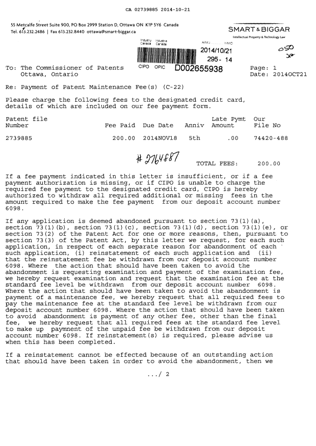 Document de brevet canadien 2739885. Taxes 20141021. Image 1 de 2