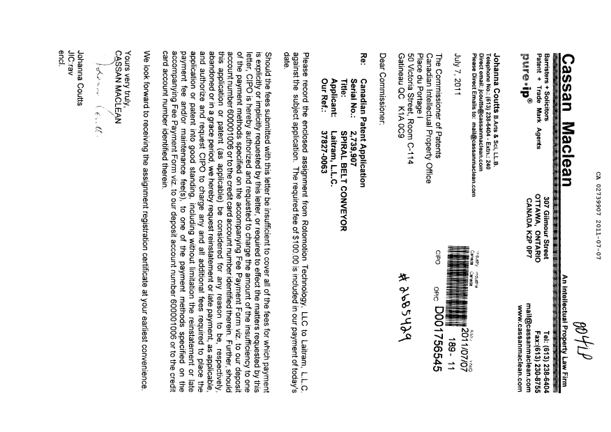 Canadian Patent Document 2739907. Assignment 20110707. Image 1 of 3