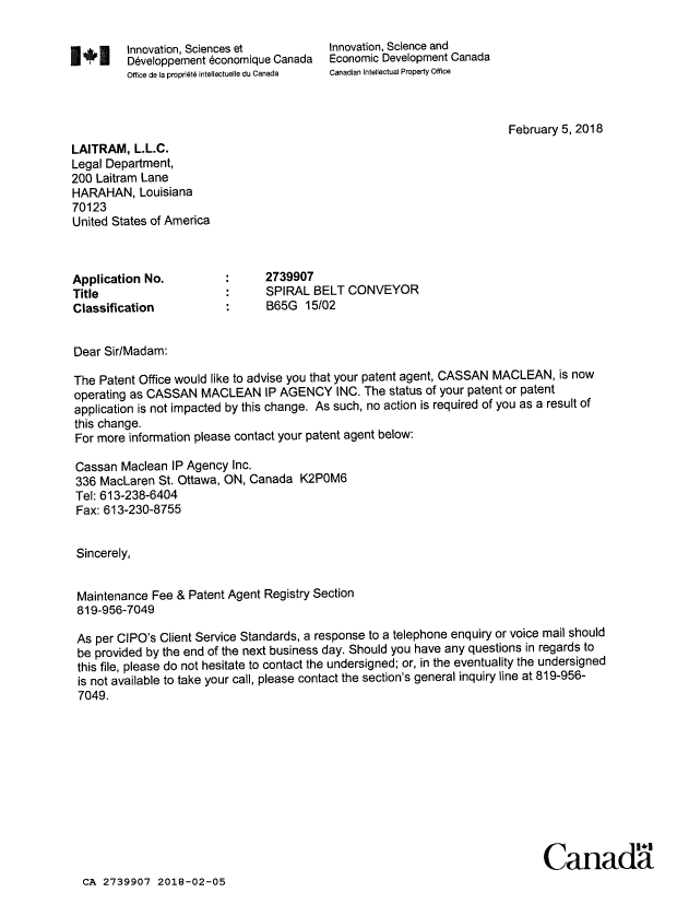 Canadian Patent Document 2739907. Office Letter 20180205. Image 1 of 1