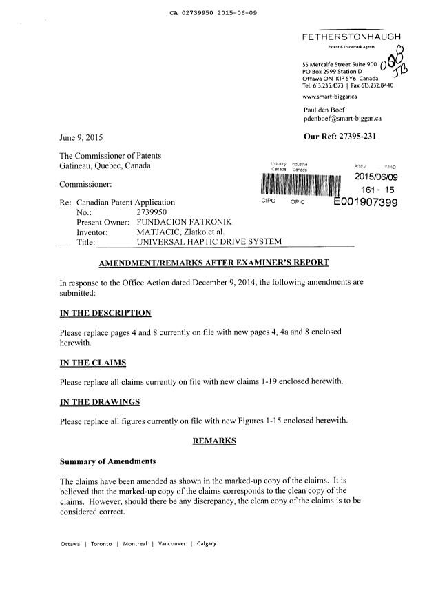 Canadian Patent Document 2739950. Amendment 20150609. Image 1 of 25