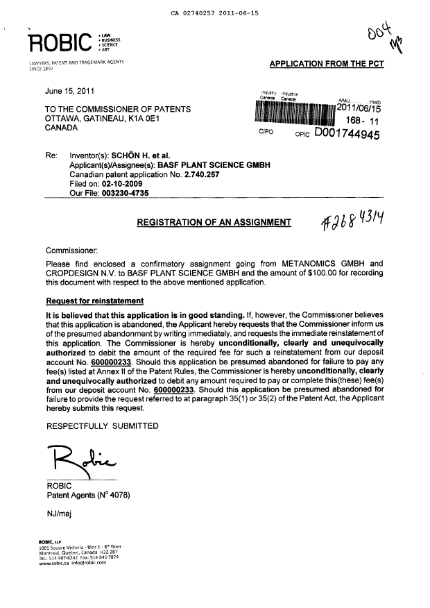 Document de brevet canadien 2740257. Cession 20110615. Image 1 de 6
