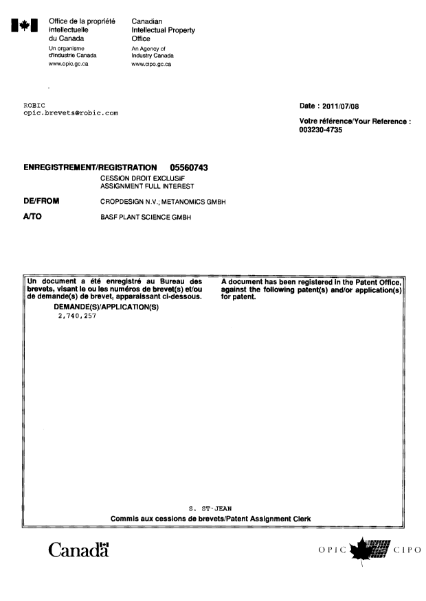 Document de brevet canadien 2740257. Correspondance 20110708. Image 1 de 1