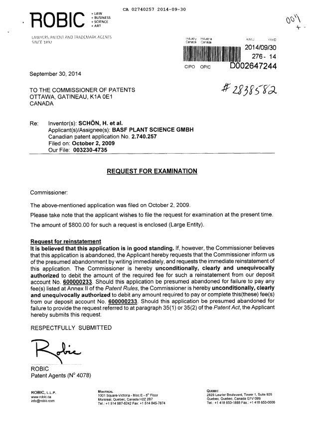 Document de brevet canadien 2740257. Poursuite-Amendment 20140930. Image 1 de 2
