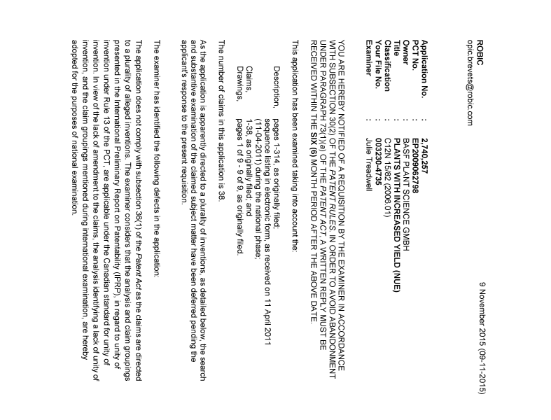 Canadian Patent Document 2740257. Examiner Requisition 20151109. Image 1 of 3