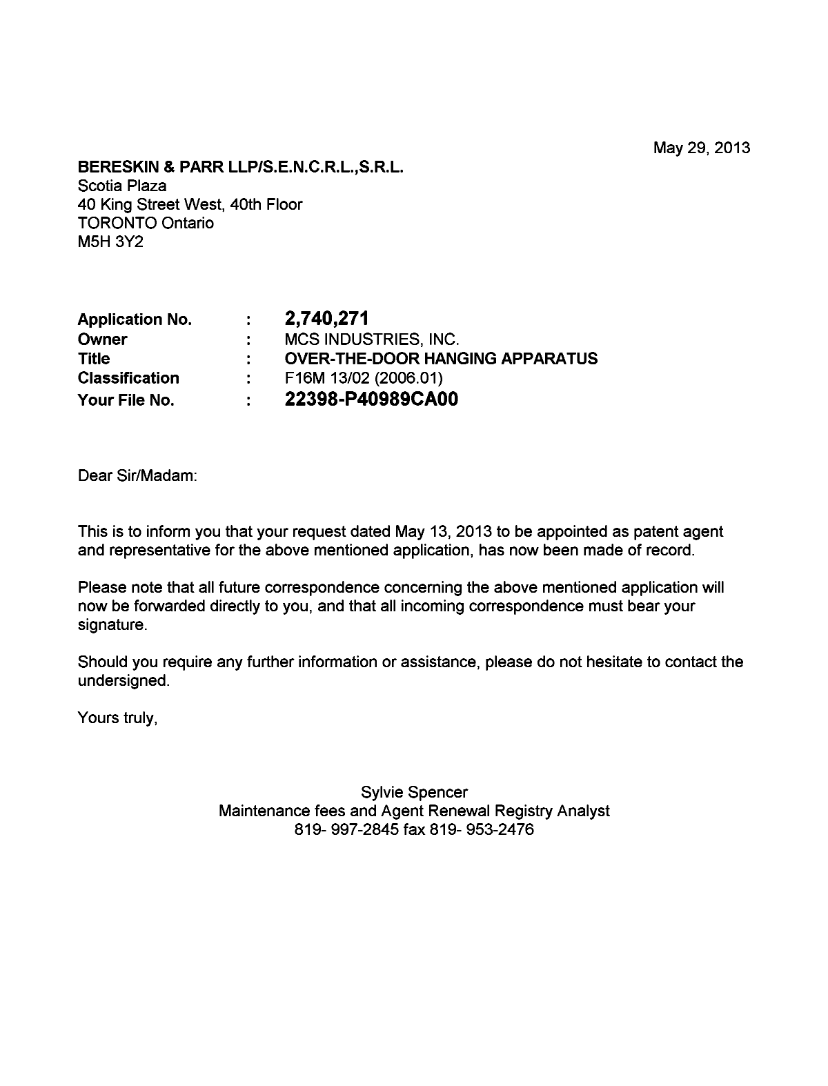Document de brevet canadien 2740271. Correspondance 20130529. Image 1 de 1