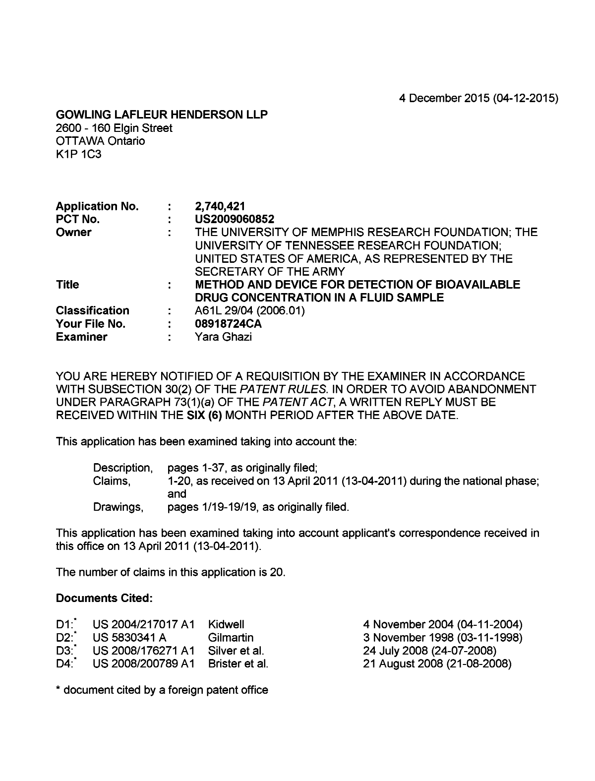 Canadian Patent Document 2740421. Examiner Requisition 20151204. Image 1 of 6