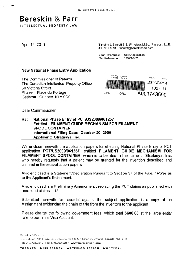 Canadian Patent Document 2740724. Assignment 20110414. Image 1 of 6