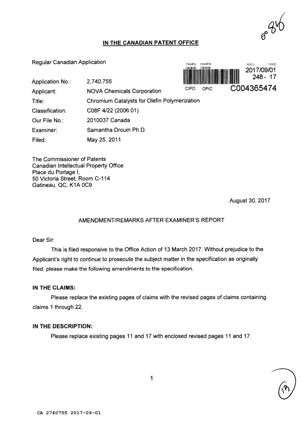 Canadian Patent Document 2740755. Amendment 20170901. Image 1 of 13