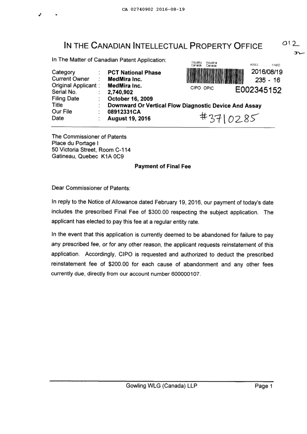 Canadian Patent Document 2740902. Correspondence 20151219. Image 1 of 2