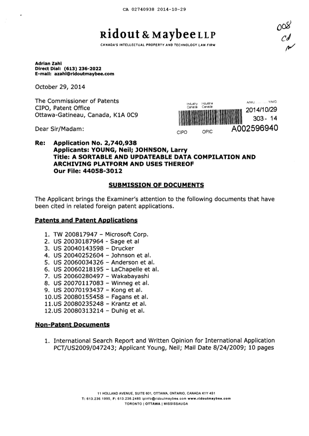 Document de brevet canadien 2740938. Poursuite-Amendment 20141029. Image 1 de 2