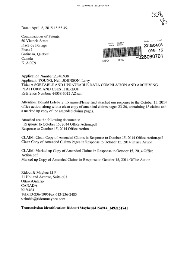 Canadian Patent Document 2740938. Prosecution-Amendment 20150408. Image 1 of 13