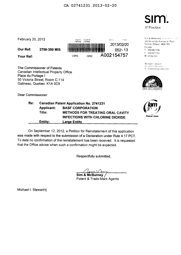 Canadian Patent Document 2741231. Correspondence 20121220. Image 1 of 1