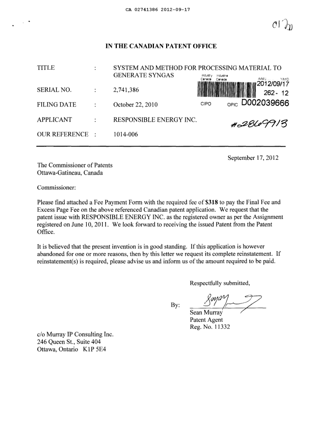 Canadian Patent Document 2741386. Correspondence 20111217. Image 1 of 1