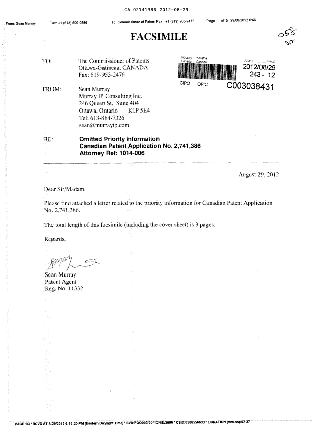 Canadian Patent Document 2741386. Correspondence 20111229. Image 1 of 4