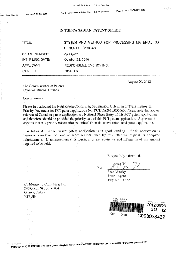 Document de brevet canadien 2741386. Correspondance 20111229. Image 2 de 4