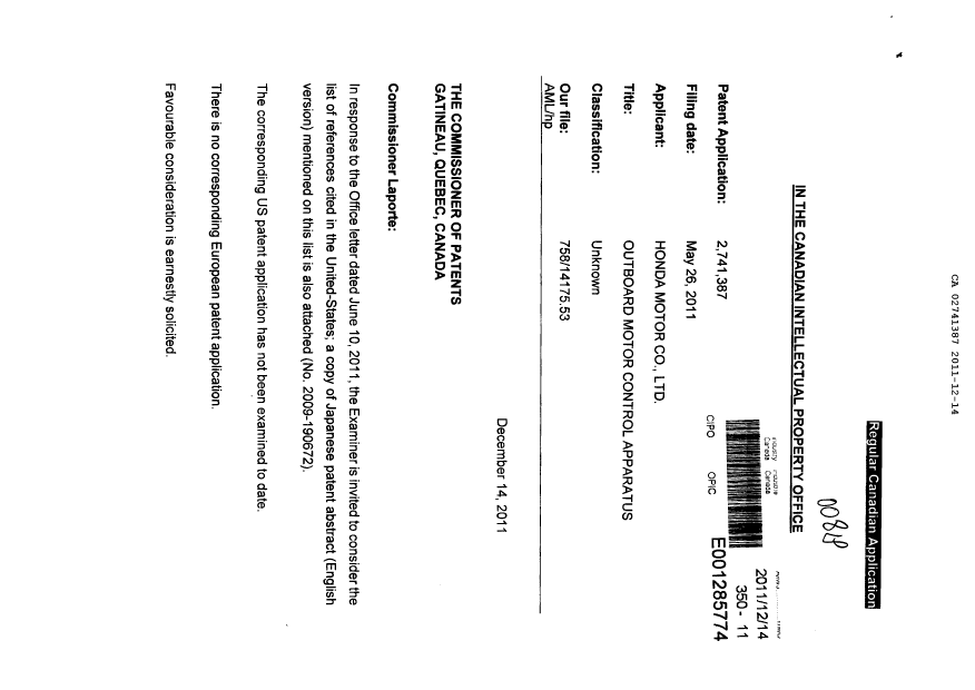 Canadian Patent Document 2741387. Prosecution-Amendment 20111214. Image 1 of 2