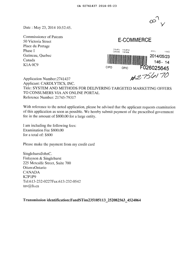 Document de brevet canadien 2741437. Poursuite-Amendment 20140523. Image 1 de 1